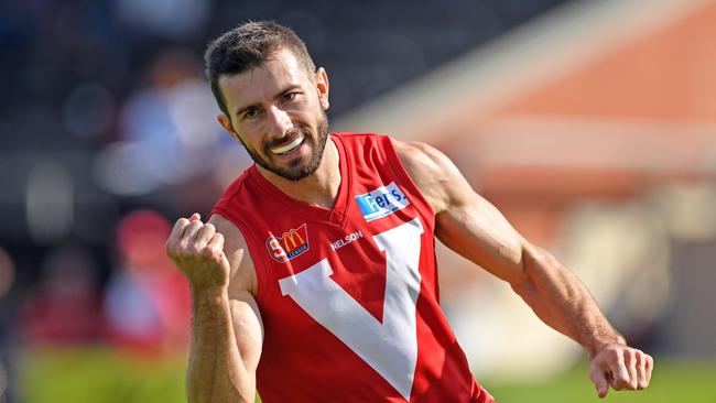 SA Country Championships joint player of the tournament Leigh Ryswyk celebrates a goal in his North Adelaide days. Picture: Tom Huntley