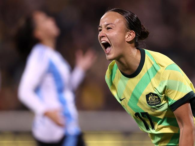CANBERRA, AUSTRALIA - JUNE 02: Amy Sayer of Australia celebrates scoring a goal during the International Friendly match between Australia Matildas and Argentina at GIO Stadium on June 02, 2025 in Canberra, Australia. (Photo by Matt King/Getty Images)