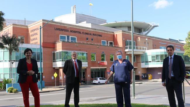 Jodi McKay, Liverpool state Labor MP Paul Lynch, NSW Nurses and Midwives Liverpool Branch Secretary, Heidi McNamara, and Opposition Health spokesman Ryan Park outside Liverpool Hospital. Picture: Jake McCallum