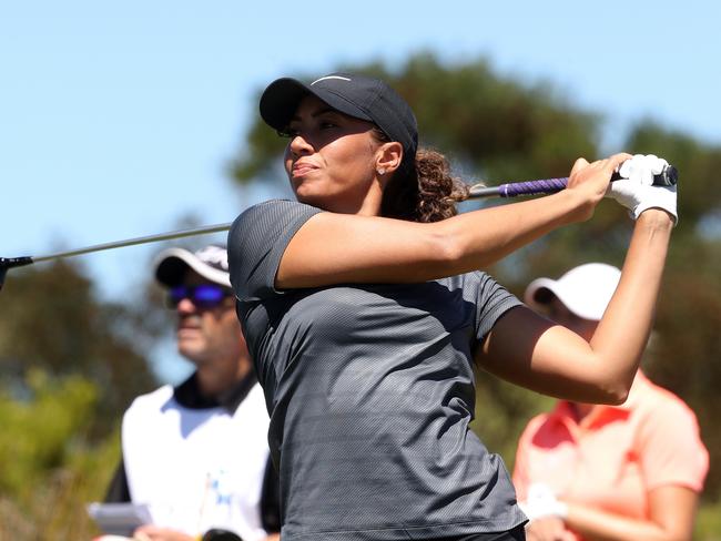 Cheyenne Woods of the USA tees off on the fourth hole during the Vic Open at 13th Beach in 2018. Picture: Mark Dadswell