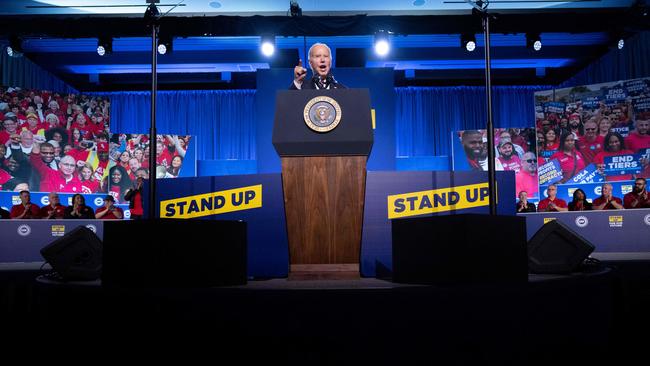 Joe Biden addresses the United Auto Workers union conference at the Marriott Marquis in Washington on Wednesday. Picture: AFP