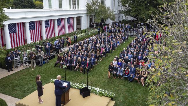 The September 26 ceremony in which President Trump nominated Judge Amy Coney Barrett in the Rose Garden of the White House. Picture: Amy Rossetti