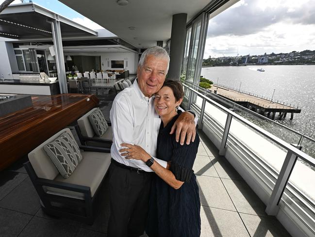 28/04/2023: former long-time Chairman of the Brisbane Grammar School Board, Howard Stack and his wife Hilary in their sprawling penthouse , overlooking the Brisbane river at Newstead, Brisbane. pic Lyndon Mechielsen