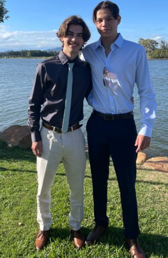 Max Thompson and Tommy Martin. Year 12 Macksville High School formal on the banks of the Nambucca River, November 10, 2022. Picture: Chris Knight