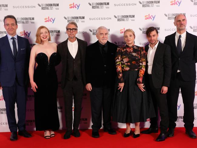 Sarah Snook with the Succession cast. Creator Jesse Armstrong is at far right. Picture: Getty Images for BFI