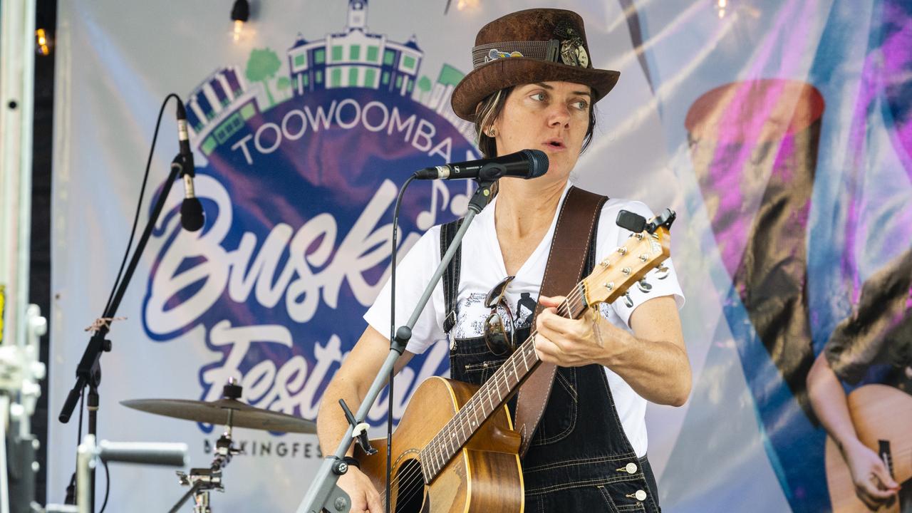 Jacqueline Evans performs as Pepper Jane in the Toowoomba Busking Festival, Saturday, April 30, 2022. Picture: Kevin Farmer