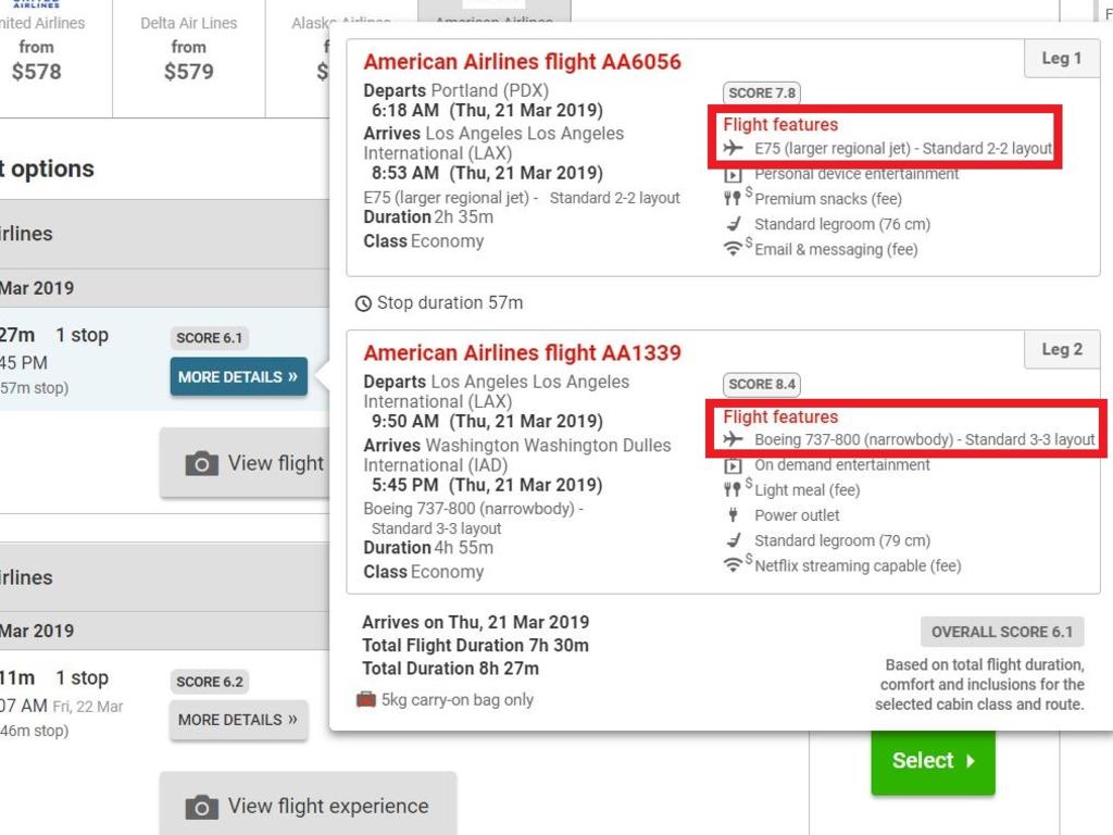 The ‘more details’ tab shows details about the aircraft, duration and in-flight services.