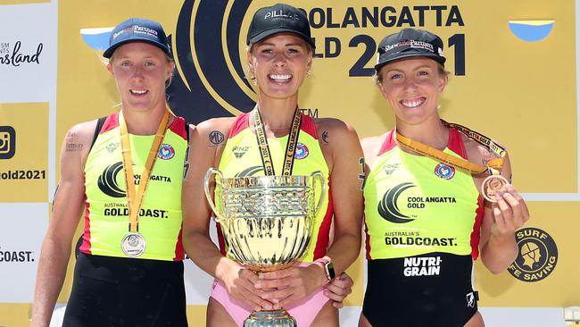 Coolangatta Gold 2021 winner Courtney Hancock with runner-up Danielle McKenzie and third place Georgia Miller.