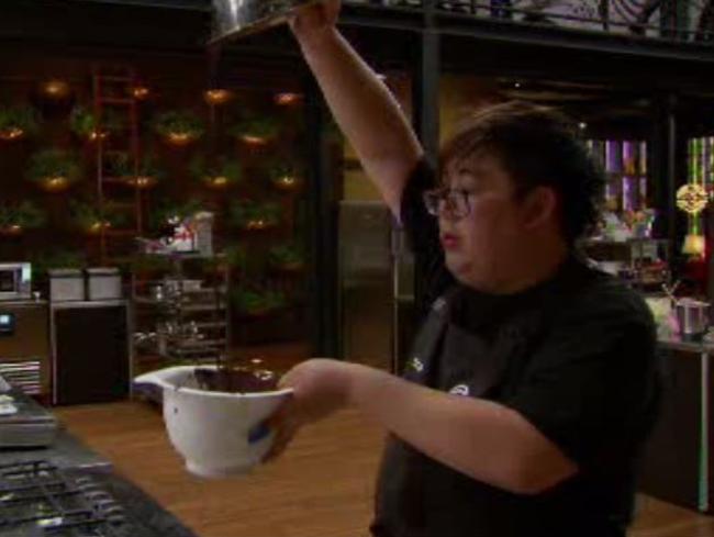 MasterChef’s Bryan Zhu struggles to cool down his tempered chocolate. Picture: Channel 10