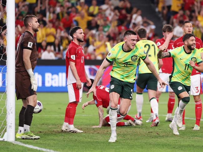 Lewis Miller celebrates his goal for the Socceroos. Picture: Getty Images