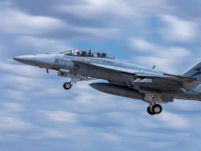 Two concurrent RAAF exercise above the skies of Townsville are finding Ãthe right stuffÃ for the air forceÃs frontline fighter capabilities. An F/A-18F Super Hornet from Number 1 Squadron takes off from RAAF Base Tindal during Exercise Crimson Dawn 23-2. Picture: Supplied.