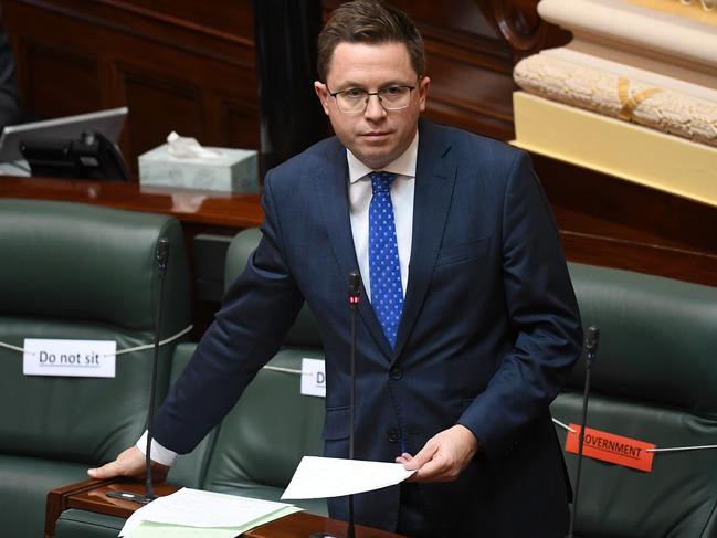 Anthony Carbines MP speaks in the Legislative Assembly at Parliament House in Melbourne, Tuesday, June 16, 2020. The fallout of Labor branch-stacking allegations against Victorian MP Adem Somyurek continues with three Victorian Labor MPs losing the ministerial positions. (AAP Image/James Ross) NO ARCHIVING