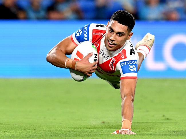 GOLD COAST, AUSTRALIA - MARCH 09: Tyrell Sloan of the Dragons satduring the round one NRL match between the Gold Coast Titans and St George Illawarra Dragons at Cbus Super Stadium, on March 09, 2024, in Gold Coast, Australia. (Photo by Bradley Kanaris/Getty Images)