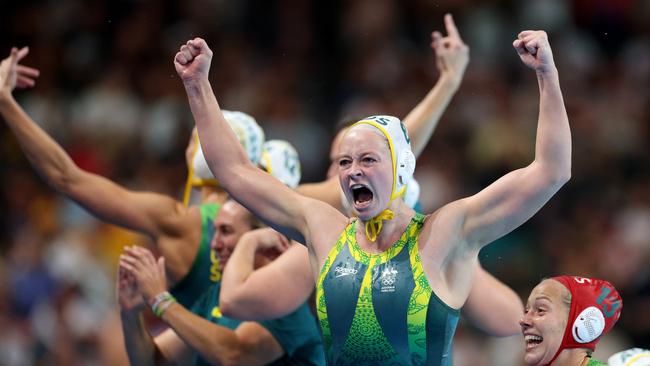 NANTERRE, FRANCE - AUGUST 08: Abby Andrews of Team Australia celebrates victory following the penalty shoot out in the Women's Semifinal match between Team Australia and Team United States on day thirteen of the Olympic Games Paris 2024 at Paris La Defense Arena on August 08, 2024 in Nanterre, France. (Photo by Adam Pretty/Getty Images)