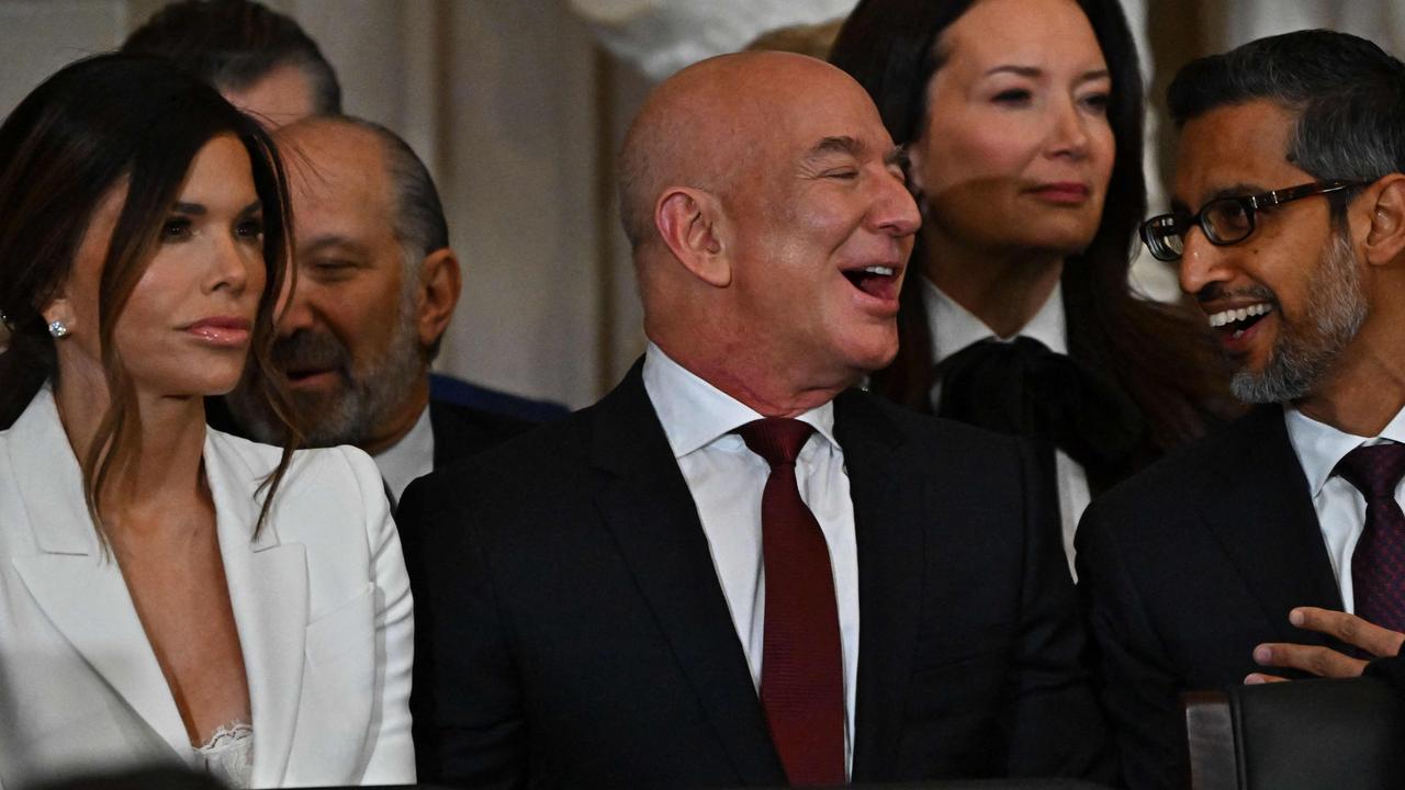 Lauren Sanchez, Jeff Bezos and Google CEO Sundar Pichai attend the 60th inaugural ceremony.