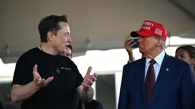 Elon Musk speaks with U.S. President-elect Donald Trump at a viewing of the launch of the sixth test flight of the SpaceX Starship rocket on November 19, 2024. Picture: Brandon Bell/Getty Images/AFP