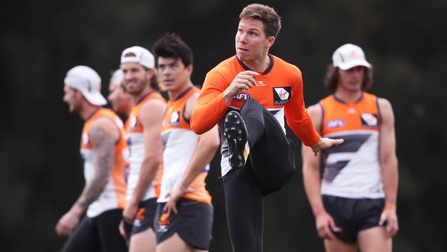 Toby Greene kicks a goal at Giants training. Picture: Phil Hillyard