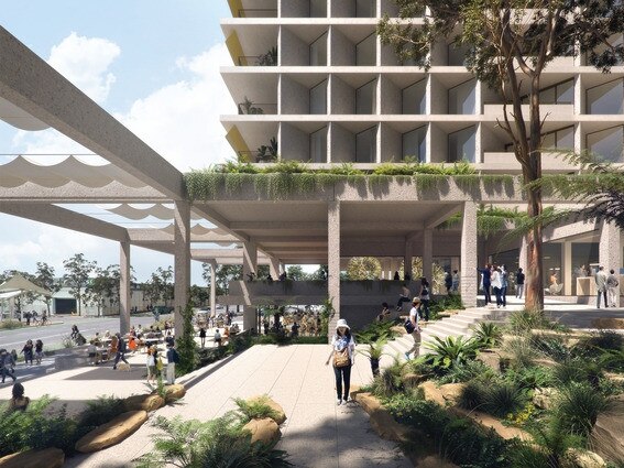 An artist's impression of the new 2024 version of the Gosford Alive project for the old Kibbleplex site designed in a partnership by three firms Plus Architecture, Architecture AND, and CHROFI. Picture: Supplied