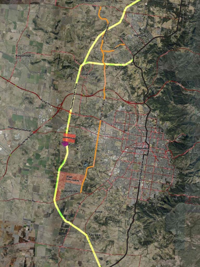 A recent (but not final) map of corridor for new New England Highway bypass around Highfields and Toowoomba, not commissioned by Transport and Main Roads.