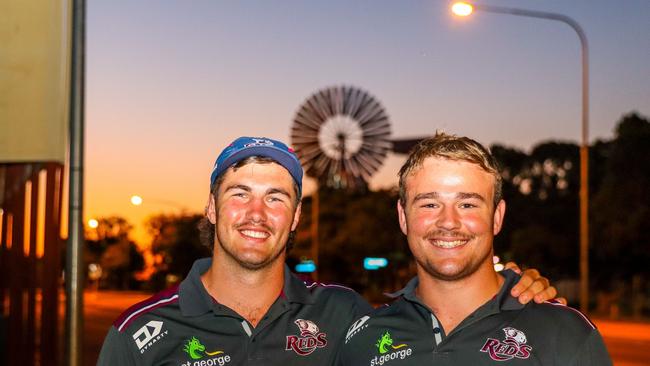 Queensland Reds players Liam Wright (left) and Harry Wilson visiting Barcaldine on the Reds-to-Regions tour. Photo: Tom Mitchell, QRU