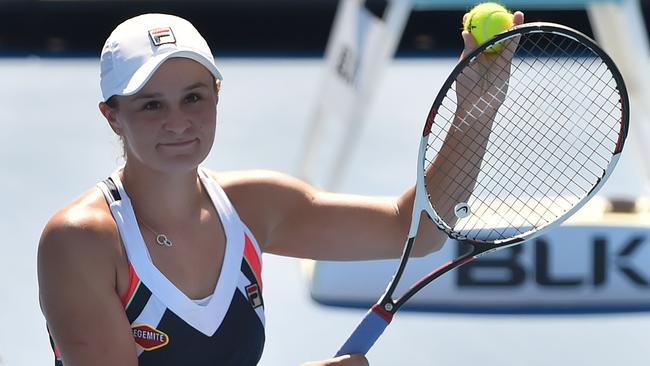 Ashleigh Barty celebrates her victory over fellow Aussie Daria Gavrilova. Picture: AFP