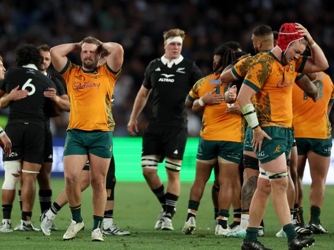 Shattered Wallabies react to their last-gasp defeat to New Zealand in the opening Bledisloe Cup match. Picture: Getty