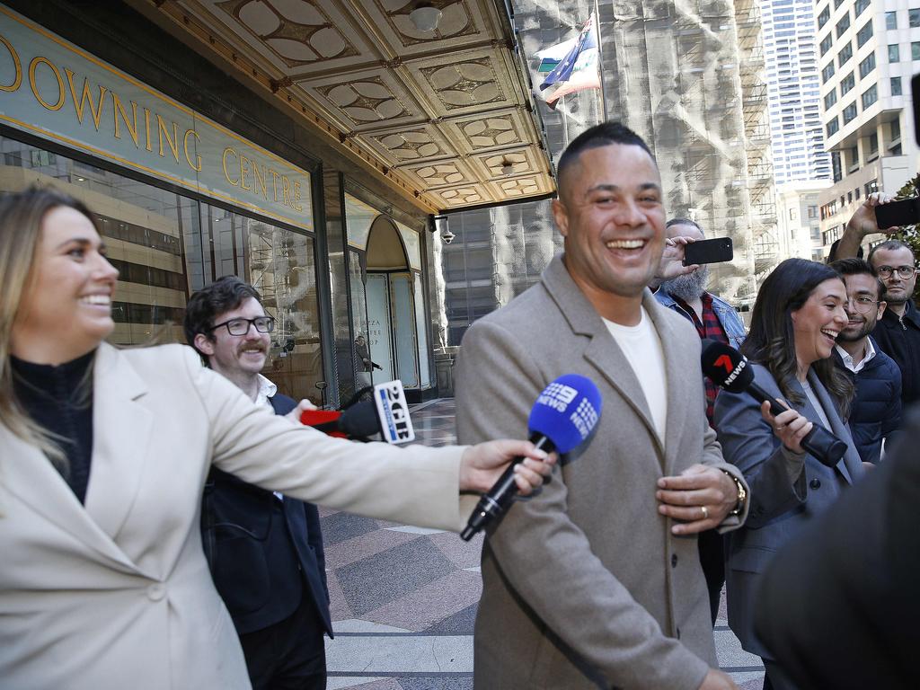 Jarryd Hayne is all smilles as he leaves Downing Centre after charges against him were dismissed. Picture: NewsWire / John Appleyard