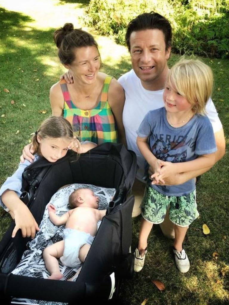 Jamie Oliver with his family, "It's probably polite to formally introduce the new boy to you, his names River Rocket Oliver we think it suits him and he's a little gift and we are all very happy...." Picture: Instagram