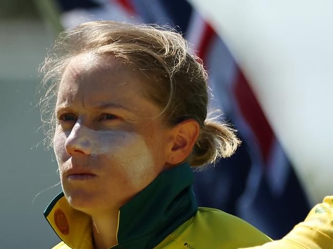 SYDNEY, AUSTRALIA - JANUARY 12: Alyssa Healy of Australia sings the National Anthem prior to game one of the Women's Ashes ODI series between Australia and England at North Sydney Oval on January 12, 2025 in Sydney, Australia. (Photo by Jeremy Ng/Getty Images)