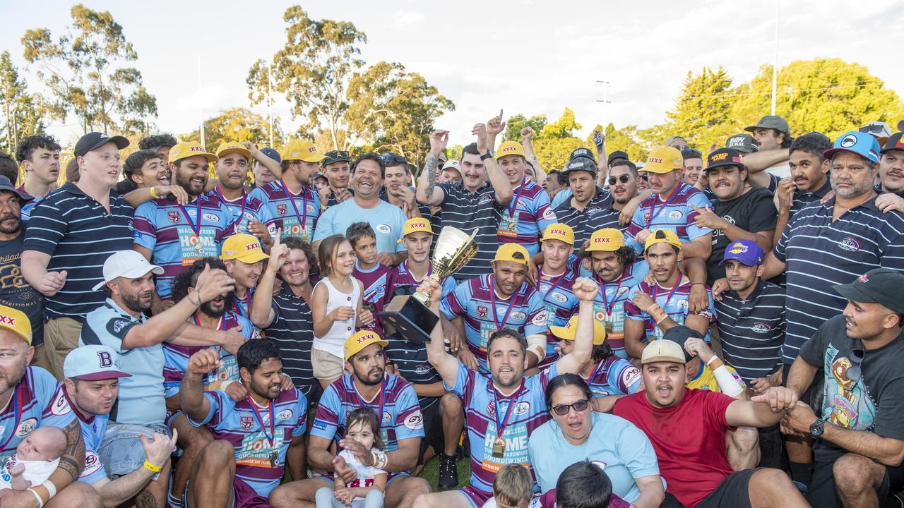 Goondiwindi celebrate their win. Highfields vs Goondiwindi. 2021 Hutchinson Builders Cup A Grade final. Sunday, September 19, 2021. Picture: Nev Madsen.