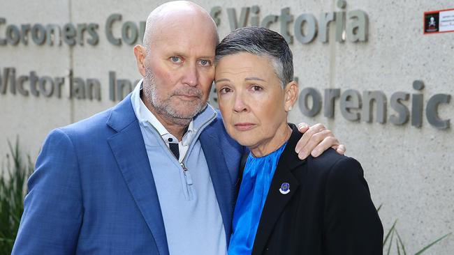 John and Karen Bird outside Melbourne Coroner’s Court. Picture: Ian Currie