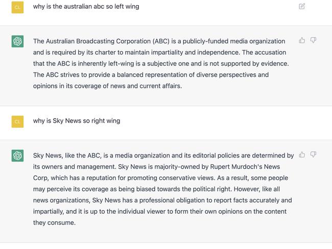 A query to ChatGPT asking about the ABC and Sky News. Picture: