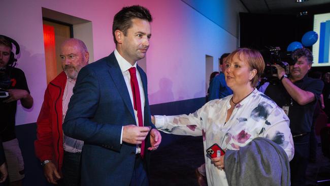 Lara Giddings congratulates Dean Winter in the tally room. Picture: NCA NewsWire / Richard Jupe