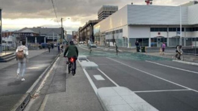 Artists impression of new bike lane plans for Collins Street. image: City of Hobart.