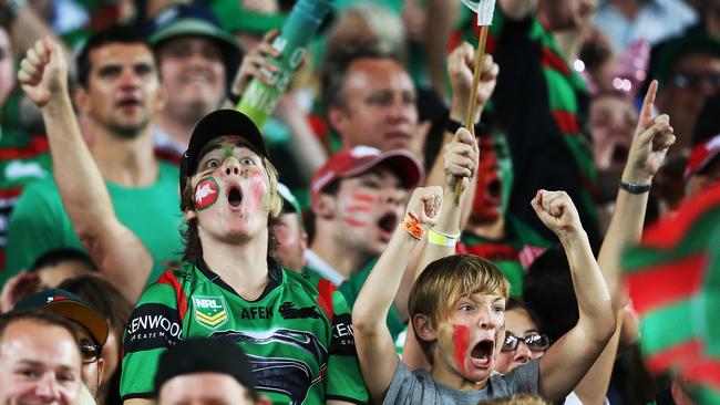 South Sydney fans celebrate a try during NRL Grand Final between South Sydney Rabbitohs v Canterbury Bulldogs at ANZ Stadium. pic. Phil Hillyard