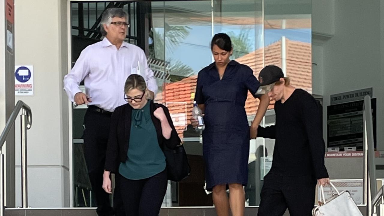 Ramana Louise Sansom leaving Rockhampton courthouse where she is on trial for stabbing her uncle, Andrew Mackie. Pictured with her barrister Ross Lo Monaco, solicitor Rebecca Winning and an unknown man.