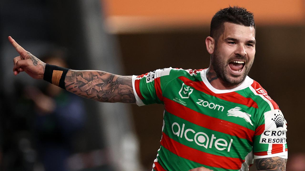 SYDNEY, AUSTRALIA - AUGUST 27: Adam Reynolds of the Rabbitohs celebrates after scoring a try during the round 16 NRL match between the Parramatta Eels and the South Sydney Rabbitohs at Bankwest Stadium on August 27, 2020 in Sydney, Australia. (Photo by Cameron Spencer/Getty Images)