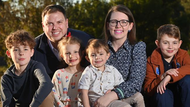 2/6/24. The government is announcing that a new primary school will be built to accommodate the population growth around Mount Barker. Emily Linton and her four kids at the Springlake playground - James - 10, James (dad), Esther - 7, Benjamin - 3, Emily and William - 9yrs.Picture: Keryn Stevens