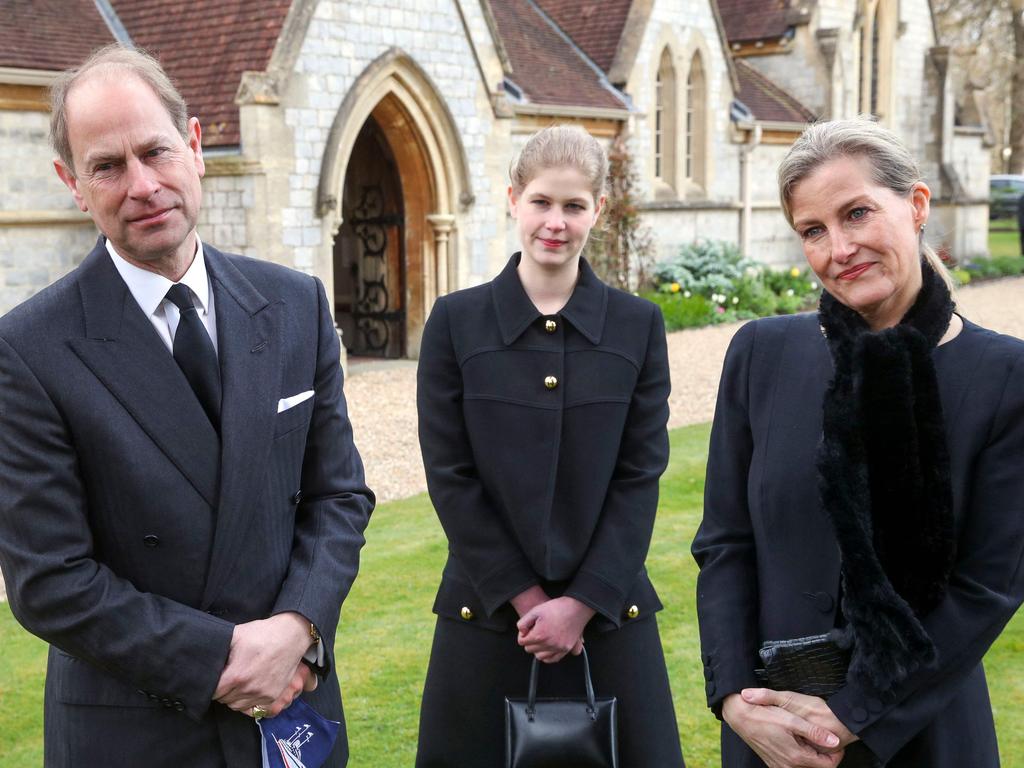 Prince Edward, Sophie, Countess of Wessex, (R) and Lady Louise Windsor (C) attend Sunday service just days after the death of Prince Philip. Picture: AFP