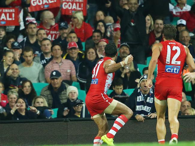 Adam Goodes celebrates scoring against Carlton at the SCG in 2015. Picture: Phil Hillyard