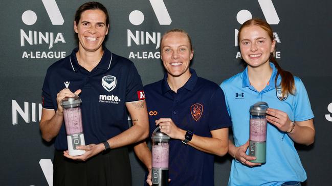 Lydia Williams, Tameka Yallop and Maddie Caspers at the launch of the new Ninja A-League. Picture: A-Leagues