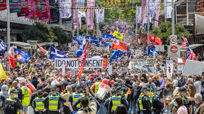 Victorians protest the state’s pandemic legislation and Covid-19 vaccine mandates. Picture: Jason Edwards