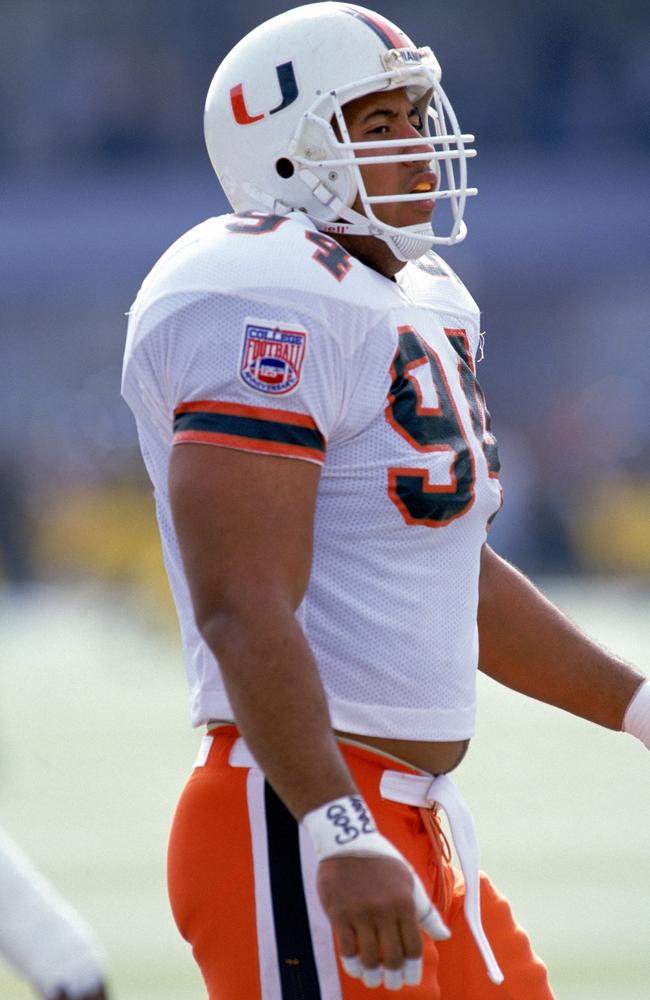 Defensive end Dwayne Johnson of the University of Miami Hurricanes on October 22, 1994. Picture: Jed Jacobsohn/Getty Images