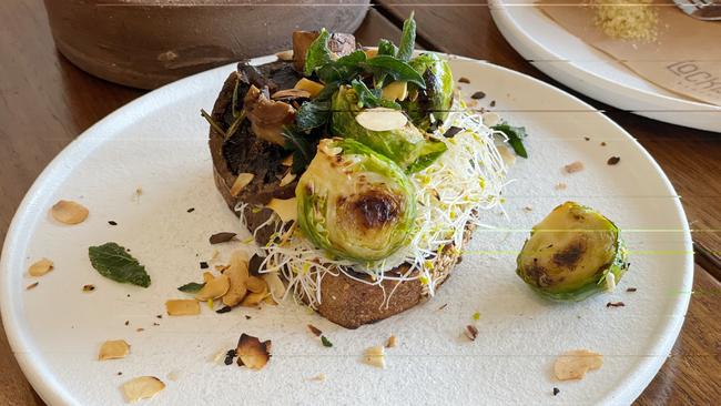 Portobello, seeded rye, tahini labneh, sprouts, crispy sage, charred almond, at Lockwood General, Burnside. Picture: Dianne Mattsson