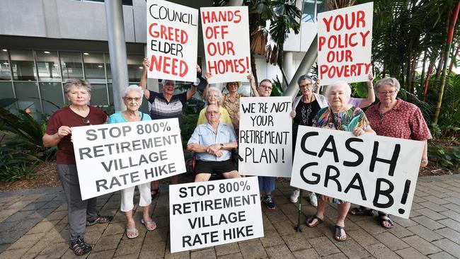Cairns retirement village residents have turned out in force at the Cairns Regional Council's general meeting, protesting the proposed change to the zoning of their general rates, which will the annual costs by 800 per cent. Picture: Brendan Radke