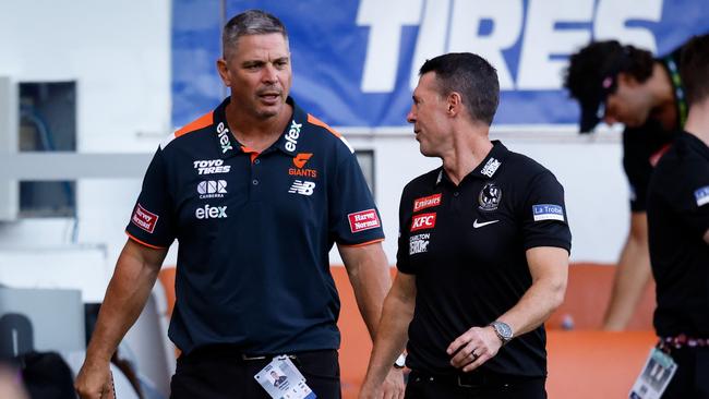 Collingwood coach Craig McRae has apologised for his boundary line clash with Toby Bedford and then Adam Kingsley. Picture: Dylan Burns/AFL Photos via Getty Images