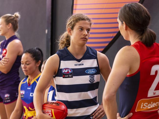 This season’s No. 1 AFLW draft pick, Geelong’s Nina Morrison (second from right), tore her ACL while training ahead of round two. PHOTO: AAP Image/Daniel Pockett