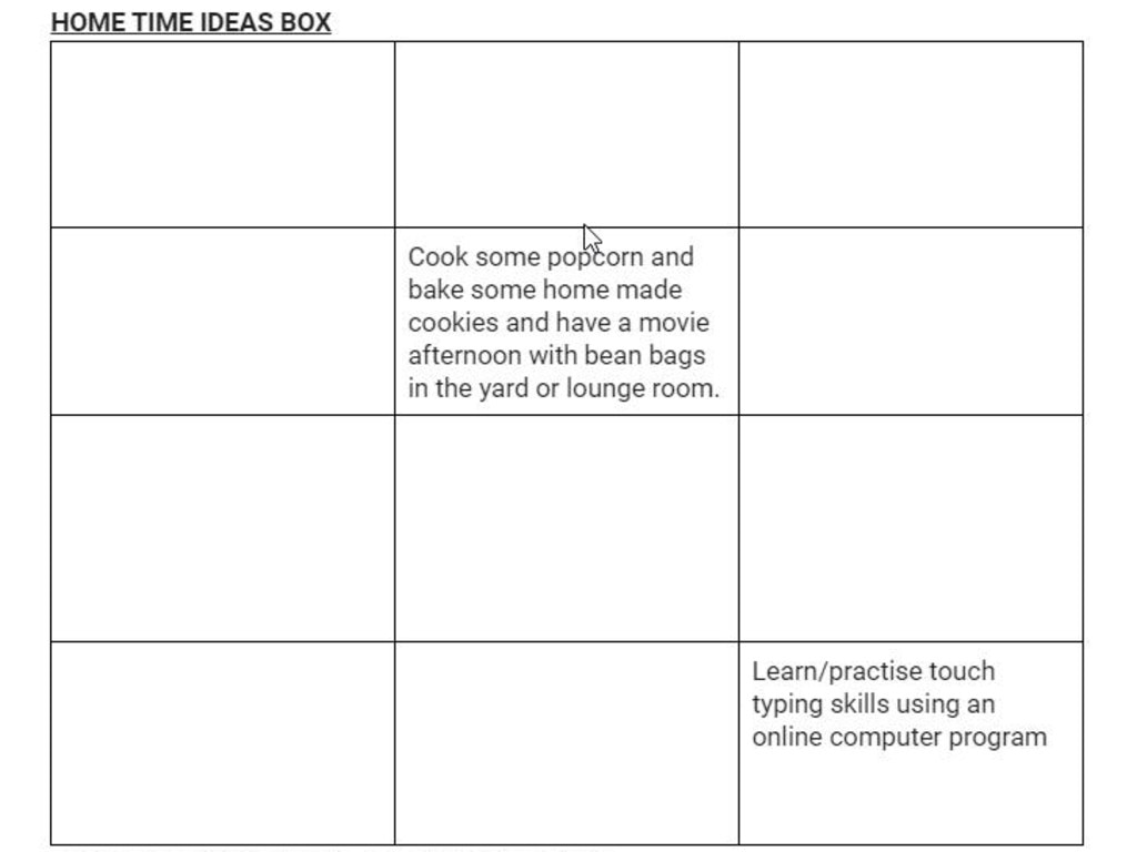 Fill out the table with ideas for fun