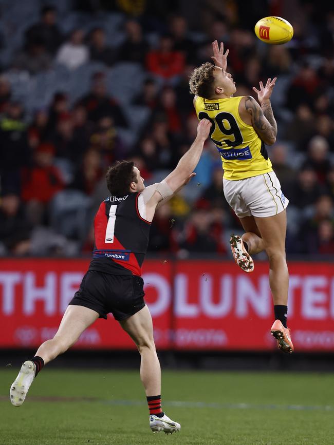 Star Tiger Shai Bolton soars high in front of Bomber Andrew McGrath. Picture: Darrian Traynor/Getty Images