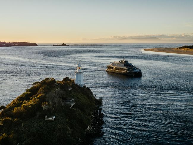 NEW Macquarie Heads as seen from the Gordon River Cruise. Three Clover Hill Sunset Cruise pic for story for TasWeekend.